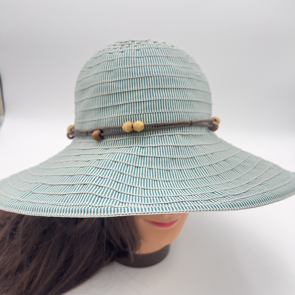 San Diego Hat Company Wide‎ Brim Sun Hat Teal White Stripe Adjustable Womens
